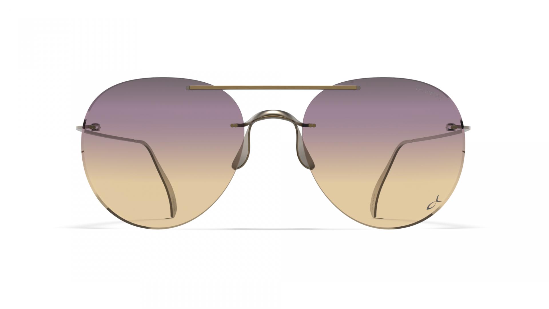 Front view of Blackfin Aero Loop INFINITY B6-P4, rimless eyewear shown with purple-to-gold gradient lenses