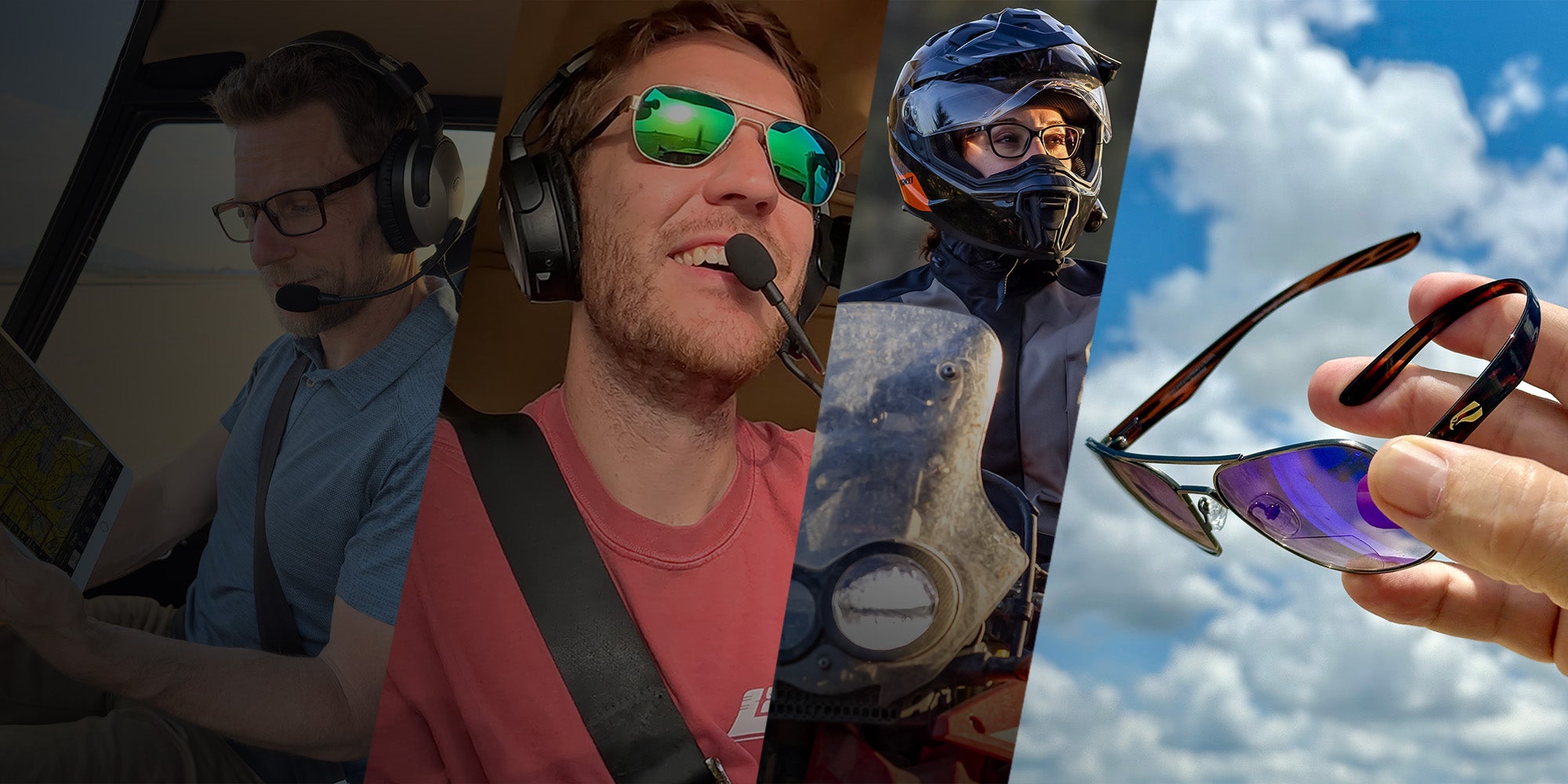 Flying Eyes eyewear worn under a pilot headset and motorcycle helmet, plus frame details