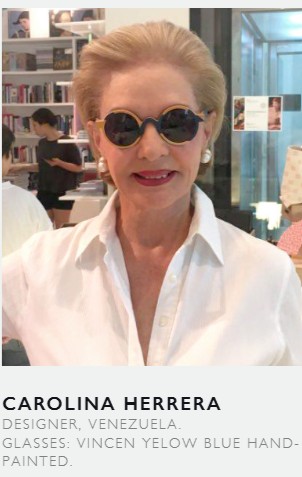 Nina Mûr brand portrait of Carolina Herrera wearing hand-painted yellow and blue Vincen sunglasses