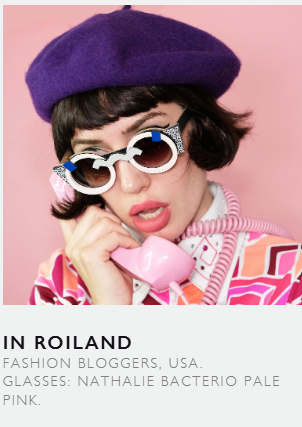 Nina Mûr brand portrait of In Roiland wearing patterned Nathalie Bacterio Pale Pink sunglasses with a purple beret