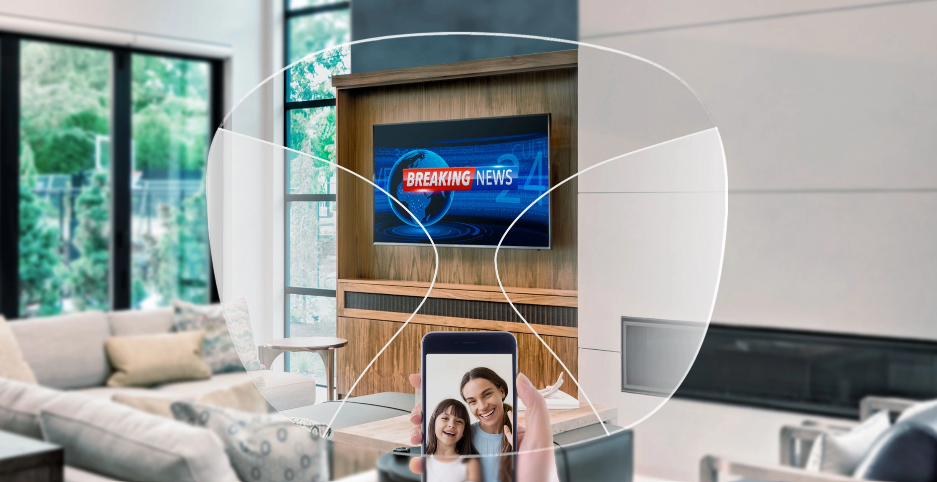 Budget progressive illustration with a narrow clear central corridor and larger blurred side areas, viewing a living room and phone