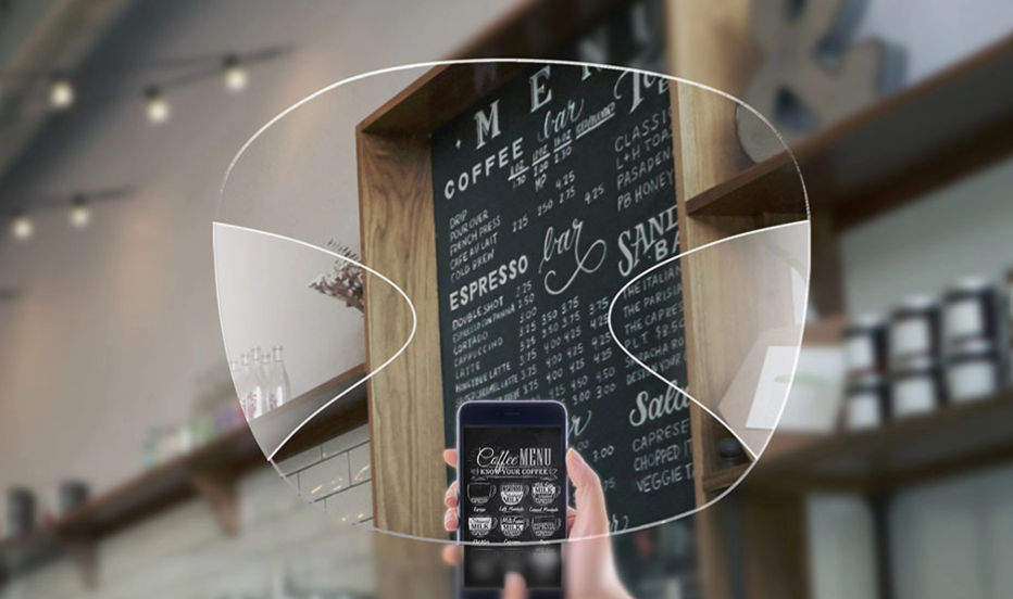 Premium progressive illustration showing a wider clear central area and peripheral blur, viewing a cafe menu and phone