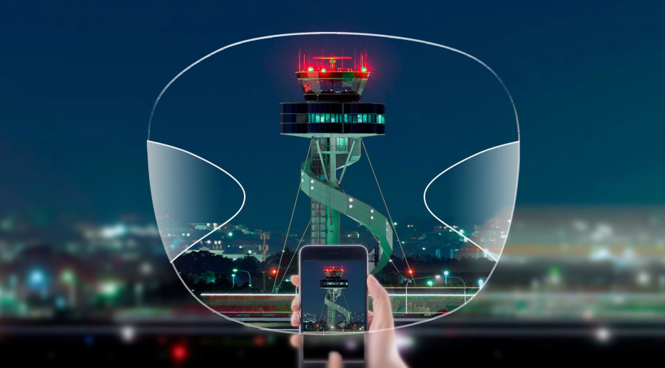 Personalized progressive illustration showing the widest clear central viewing area of the three examples, viewing an airport tower and phone